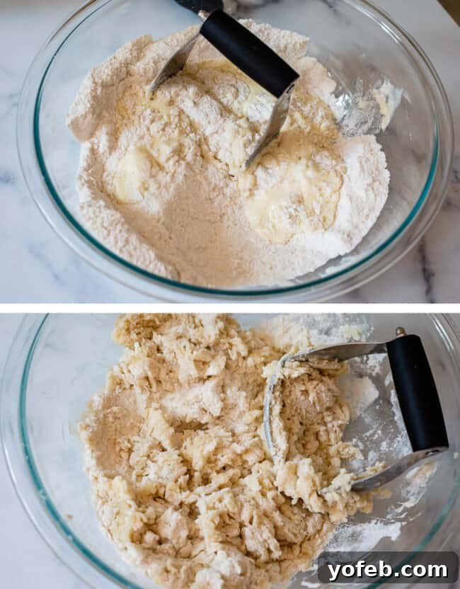 Effortless Homemade Apple Cobbler 18 A pastry cutter blending the buttermilk mixture into the flour in a clear glass bowl, creating a shaggy dough.