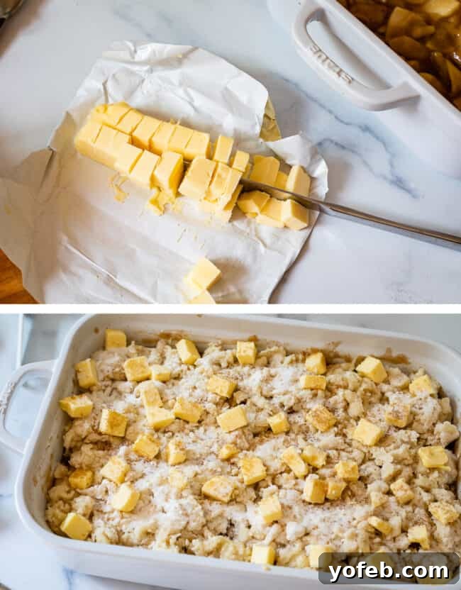 Effortless Homemade Apple Cobbler 20 Chopped cold butter sprinkled evenly over the uncooked cobbler topping in a casserole dish.