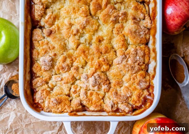 Effortless Homemade Apple Cobbler 21 Overhead shot of a beautifully golden brown and crisp apple cobbler in a white casserole dish, surrounded by fresh apples.