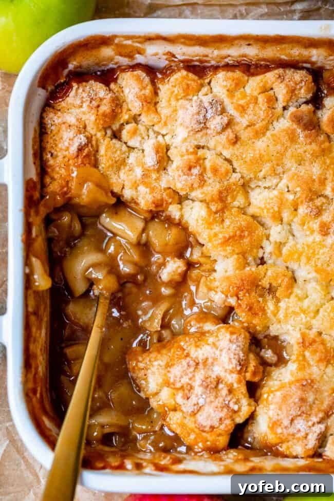 Effortless Homemade Apple Cobbler 24 Overhead shot of apple cobbler in a white casserole dish with a gold spoon, ready to be served.