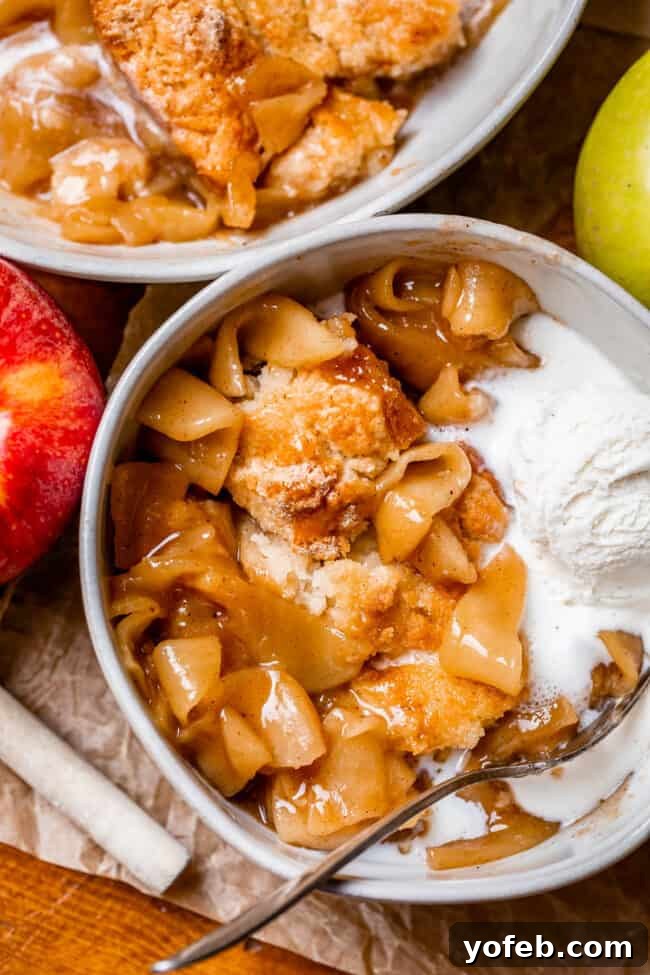 Effortless Homemade Apple Cobbler 4 A bowl of the best apple cobbler recipe with a generous scoop of vanilla ice cream, and a red apple on the side for garnish.