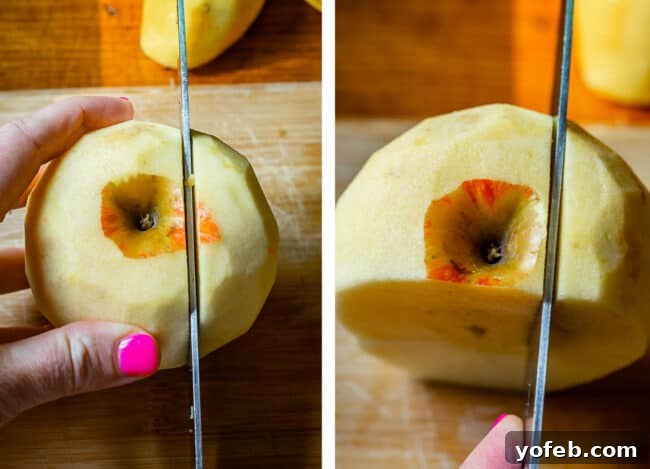 Effortless Homemade Apple Cobbler 10 Slicing a peeled apple into thin sections on a wooden cutting board.