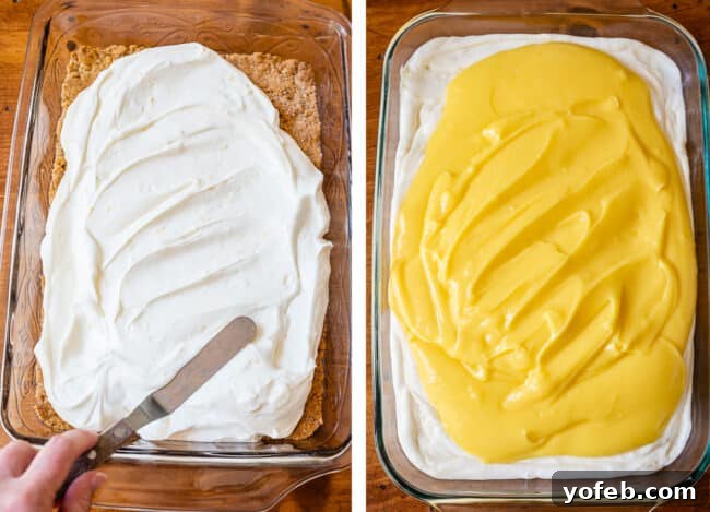 Sunshine Lemon Delight 13 Layering cream cheese filling and lemon pudding in a casserole dish, showing the distinct white and yellow layers.