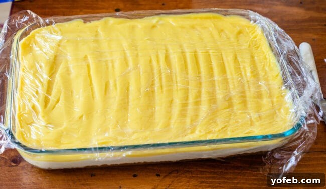 Sunshine Lemon Delight 14 A baking dish containing the prepared lemon dessert, covered tightly with plastic wrap pressed directly onto the pudding layer.