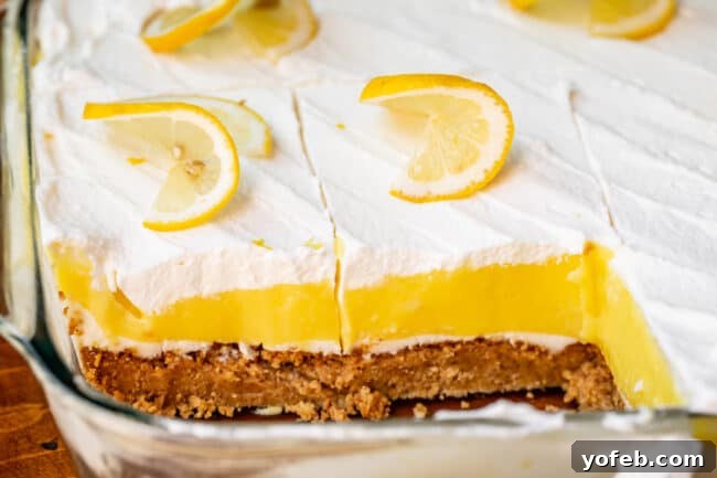 Sunshine Lemon Delight 16 Side view of multiple slices of Lemon Lush Dessert arranged neatly in a dish, showing clear layer separation.