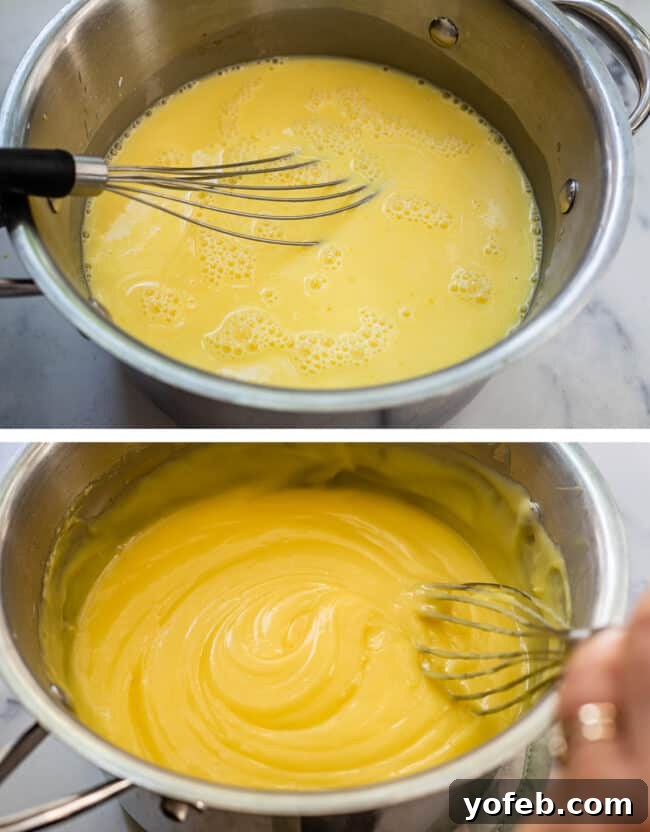 Sunshine Lemon Delight 9 Vigorously whisking lemon pudding mixture in a saucepan over heat until it visibly thickens to a smooth consistency.