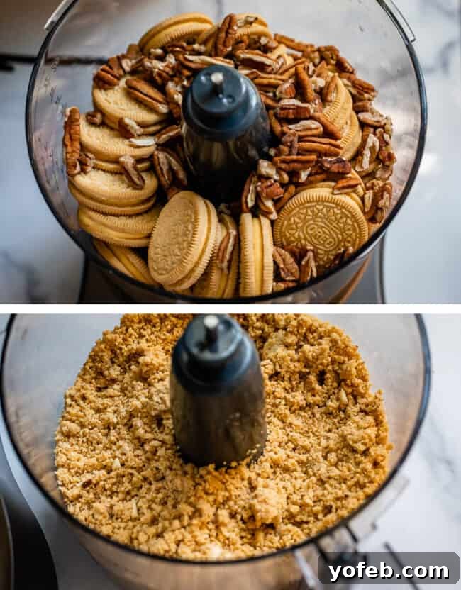 Sunshine Lemon Delight 10 Crushed Lemon Oreos and pecans in a food processor, forming a crumbly mixture for the dessert crust.