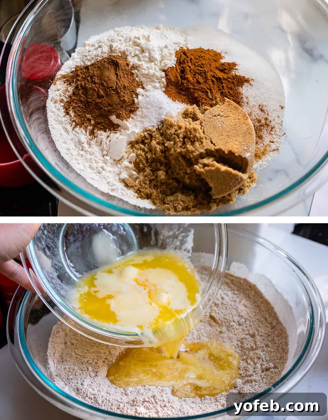 Spiced Pumpkin Crumble Coffee Cake 11 Dry streusel ingredients in a glass bowl, with melted butter being poured in, illustrating the initial step of streusel preparation for pumpkin coffee cake.