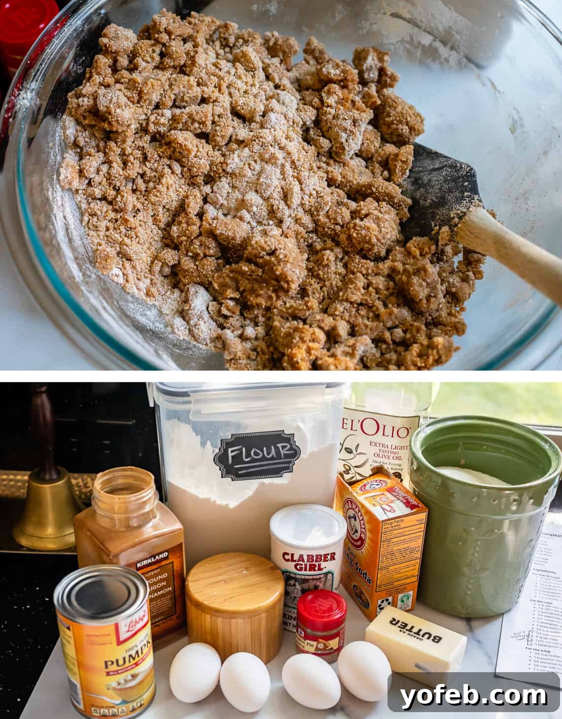Spiced Pumpkin Crumble Coffee Cake 12 A bowl of perfectly mixed, chunky streusel ready for the pumpkin coffee cake, next to a second image of various cake ingredients laid out on a white surface.