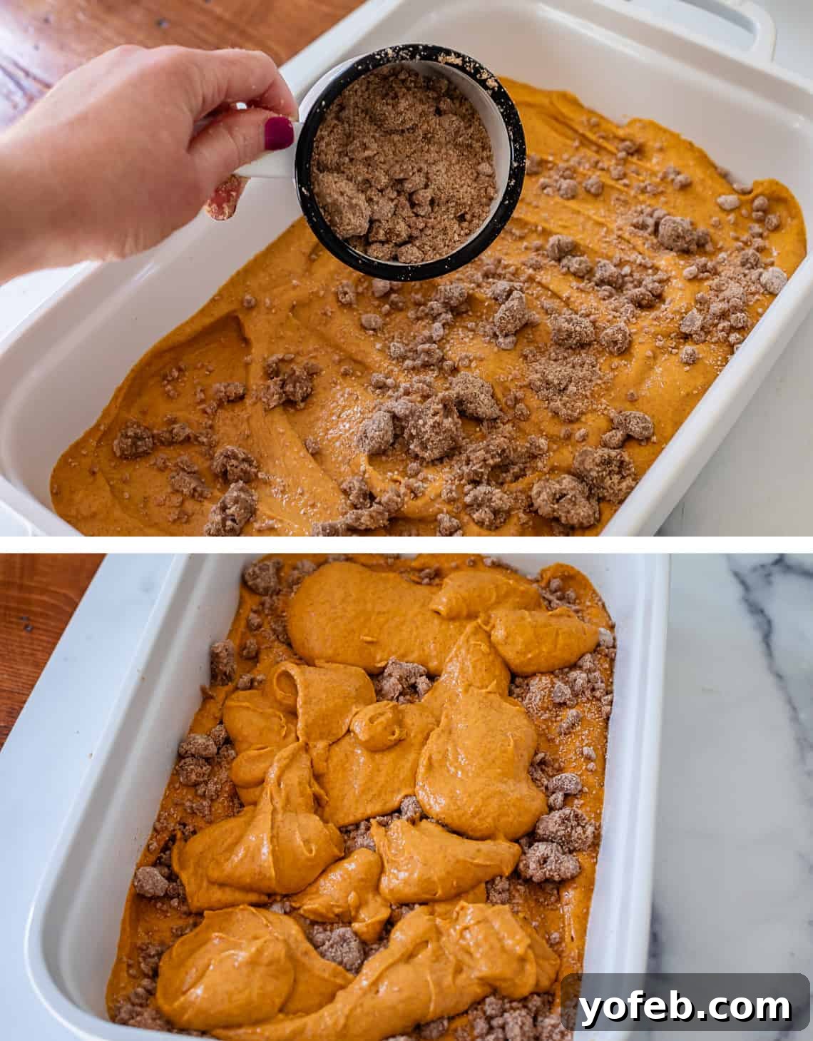 Spiced Pumpkin Crumble Coffee Cake 15 Multiple layers of pumpkin coffee cake batter and streusel being assembled in a pan, demonstrating the generous layering technique before baking.