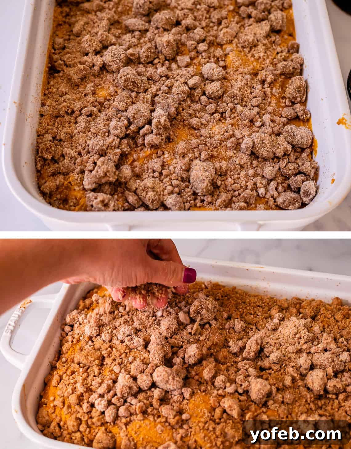 Spiced Pumpkin Crumble Coffee Cake 16 An unbaked pumpkin coffee cake topped with a generous layer of streusel, followed by another image showing more streusel being added mid-baking for optimal texture.