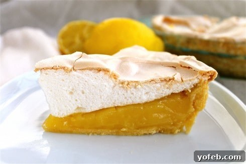 Seriously Zesty Lemon Meringue Pie 3 A stunning whole Lemon Meringue Pie, showcasing its fluffy, golden-brown meringue peaks and sunny lemon filling in a rustic pie dish.