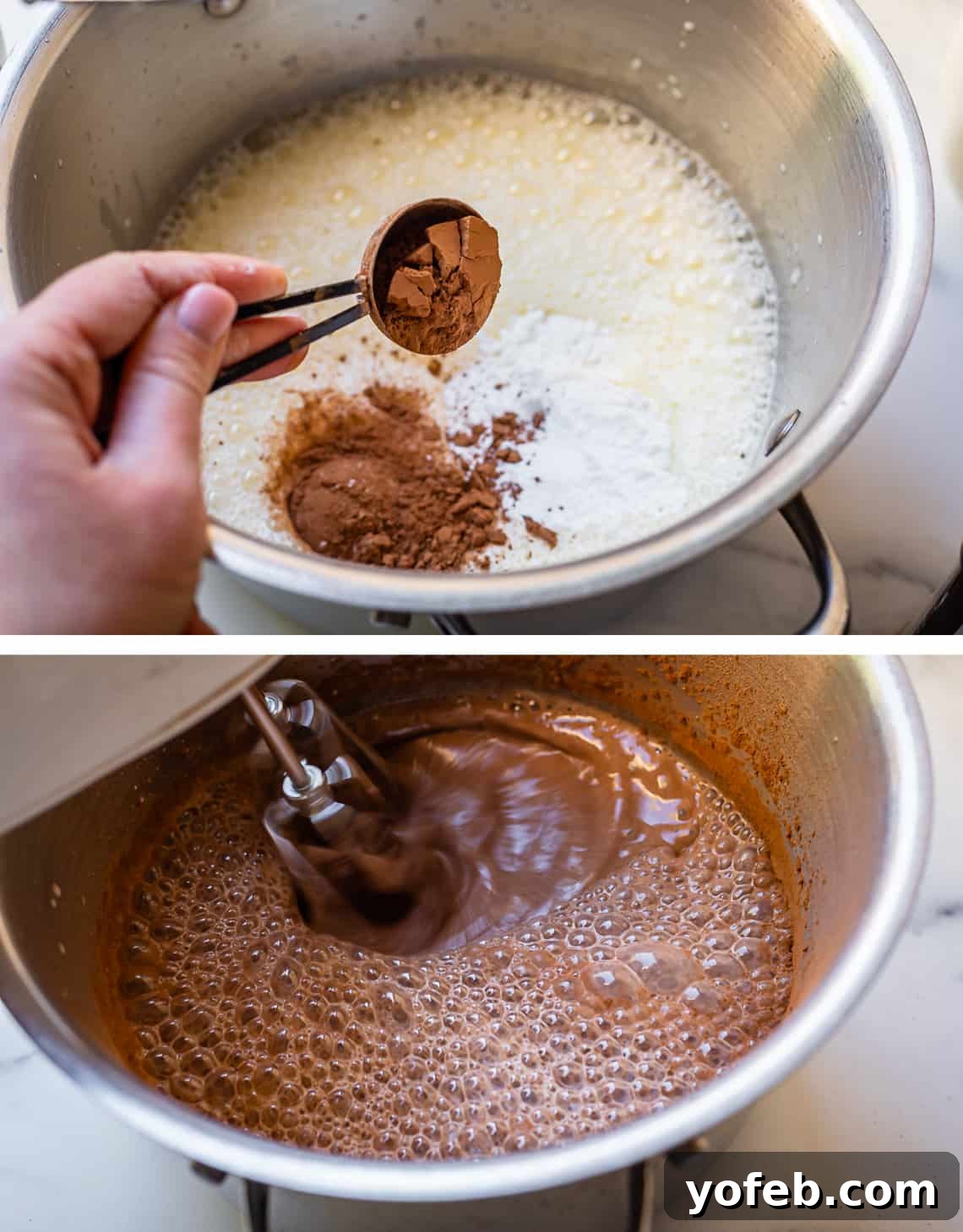 Decadent Chocolate Cream Pie Perfection 15 A two-part image showing cocoa powder being added to a pot of beaten eggs and milk, then being carefully mixed in with an electric mixer to prevent dust.