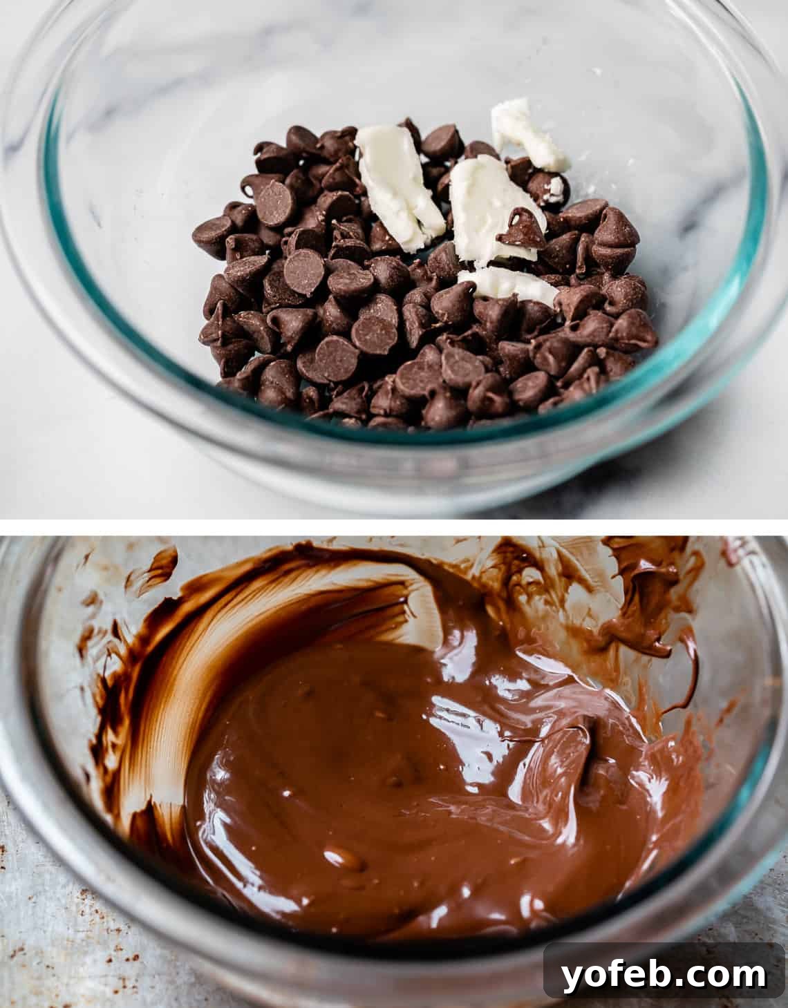 Decadent Chocolate Cream Pie Perfection 25 A two-part image showing semi-sweet chocolate chips and shortening in a glass bowl, then the same mixture melted and smooth after microwaving.