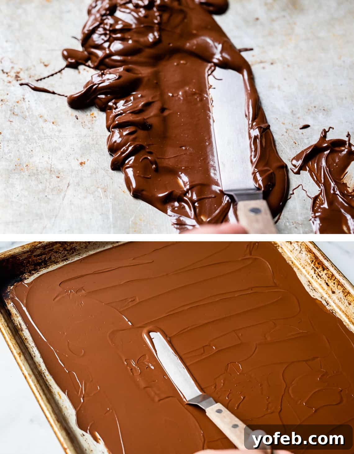 Decadent Chocolate Cream Pie Perfection 26 A two-part image showing melted chocolate being smoothly spread onto a baking sheet with an offset spatula, followed by the entire baking sheet covered with an even layer of chocolate.