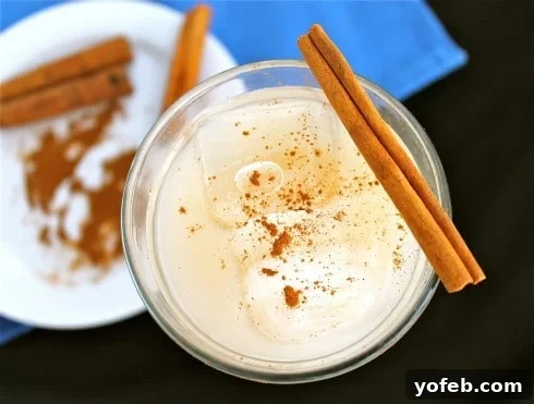 Creamy Cinnamon Delight 2 Homemade Horchata drink with cinnamon, garnished with a cinnamon stick, served in a glass
