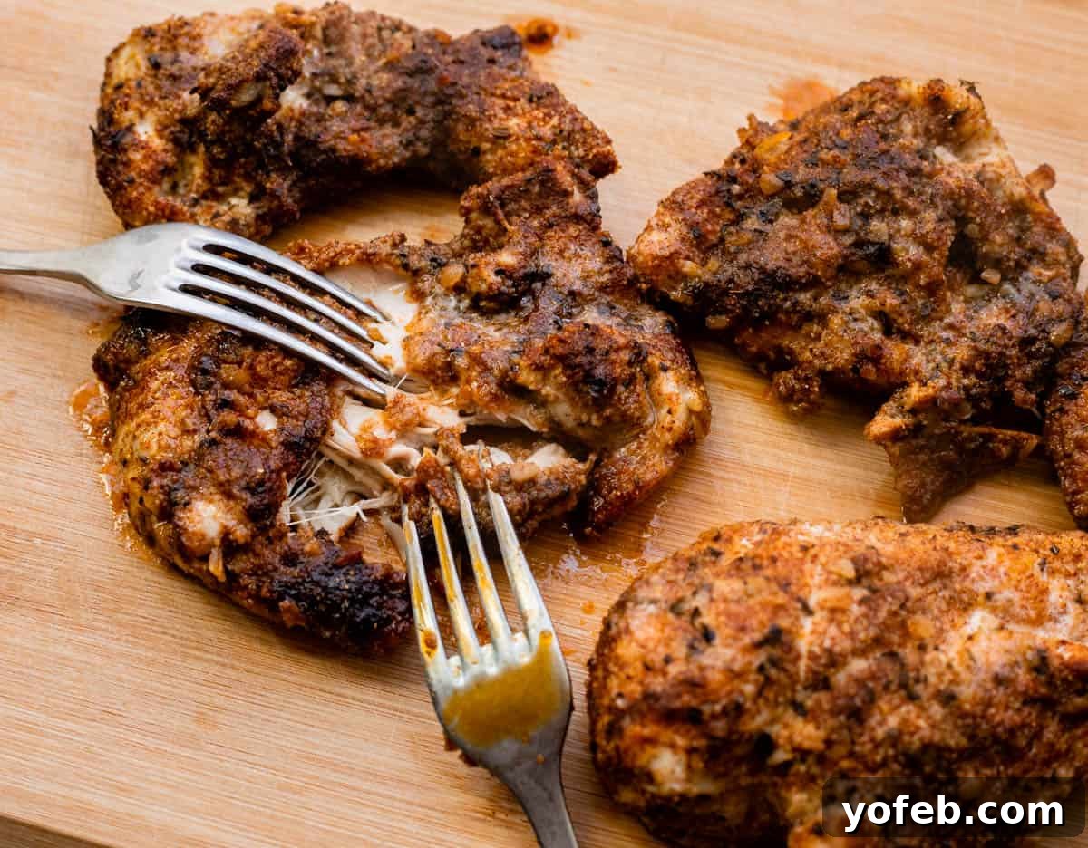 Ultimate Chicken Tacos Quick and Slow Cooker Options 13 four pieces of chicken on a cutting board with two forks pulling into one piece to shred.