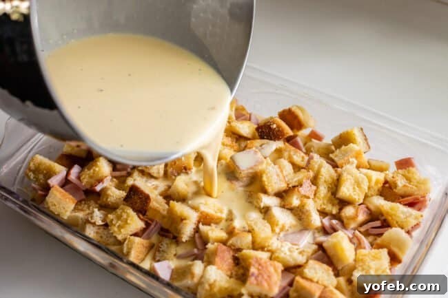 Brunch-Ready Overnight Eggs Benedict Bake 12 Pouring the liquid egg mixture over the layers of English muffins and Canadian bacon in a casserole dish, preparing it for refrigeration and baking.
