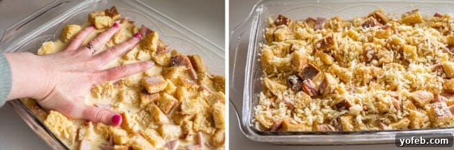 Brunch-Ready Overnight Eggs Benedict Bake 13 Pressing English muffins into the egg mixture of a casserole, then adding a layer of shredded cheese on top, showing optional customization.