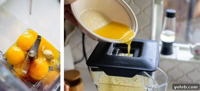 Brunch-Ready Overnight Eggs Benedict Bake 15 Eggs and spices in a blender, followed by the addition of melted butter, illustrating the easy preparation of blender Hollandaise sauce.