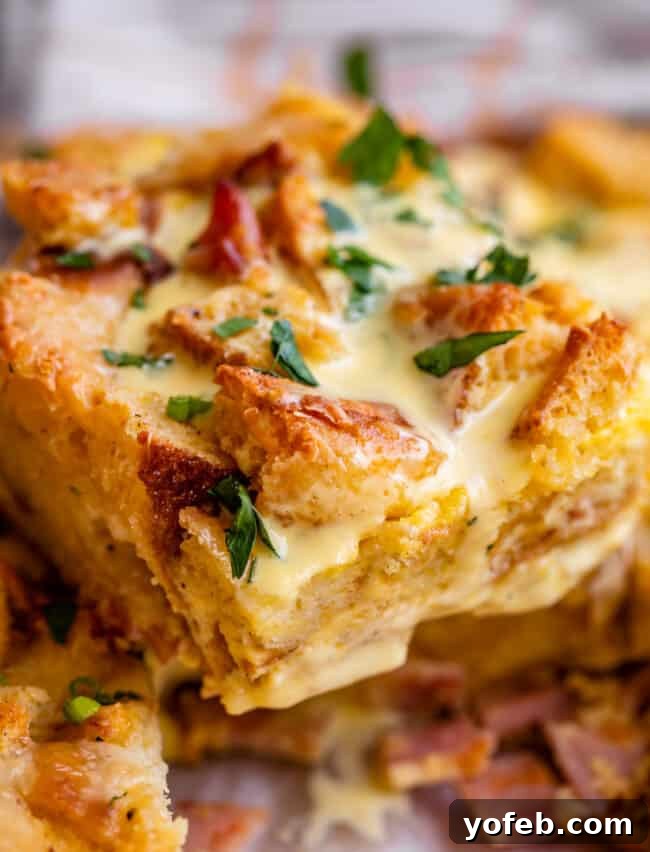 Brunch-Ready Overnight Eggs Benedict Bake 7 Close-up of the finished Eggs Benedict casserole, baked to a golden perfection, highlighting the crispy English muffin edges and the tender, custardy egg mixture.