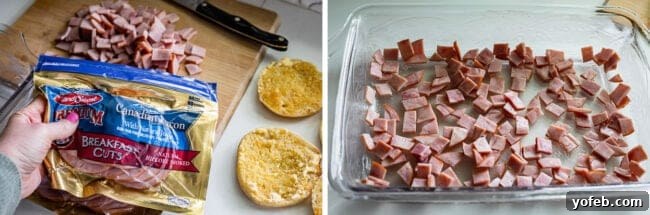 Brunch-Ready Overnight Eggs Benedict Bake 9 A package of Canadian bacon on a counter, with chopped Canadian bacon spread out in a glass dish, showing the preparation for the casserole layers.