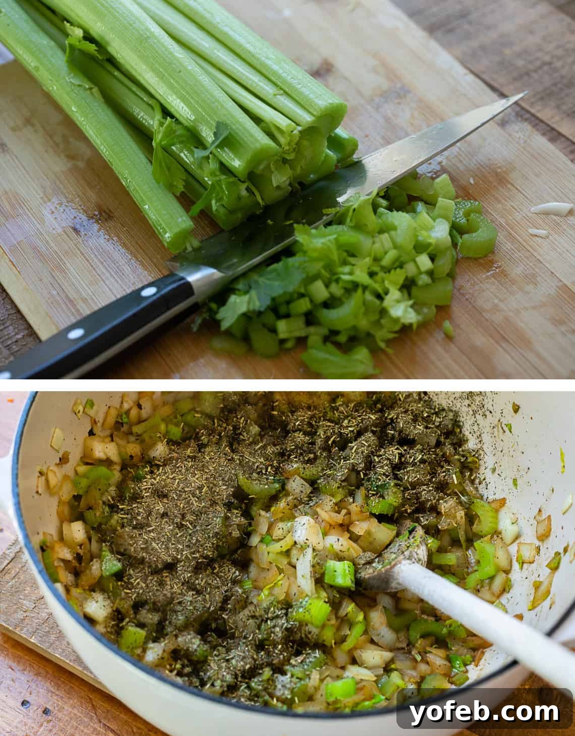 Mastering the Art of Italian Wedding Soup 16 a head of celery being chopped and then added to a stockpot with seasonings.