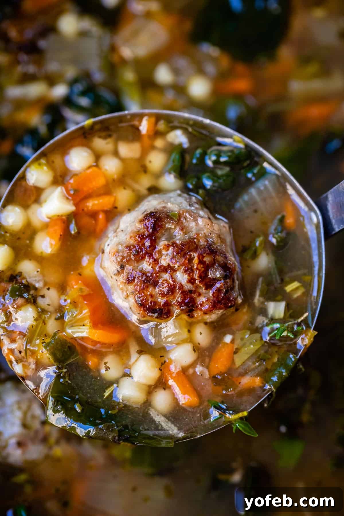 Mastering the Art of Italian Wedding Soup 25 metal ladle filled with italian wedding soup which has a meatball, broth, pasta, and vegetables.
