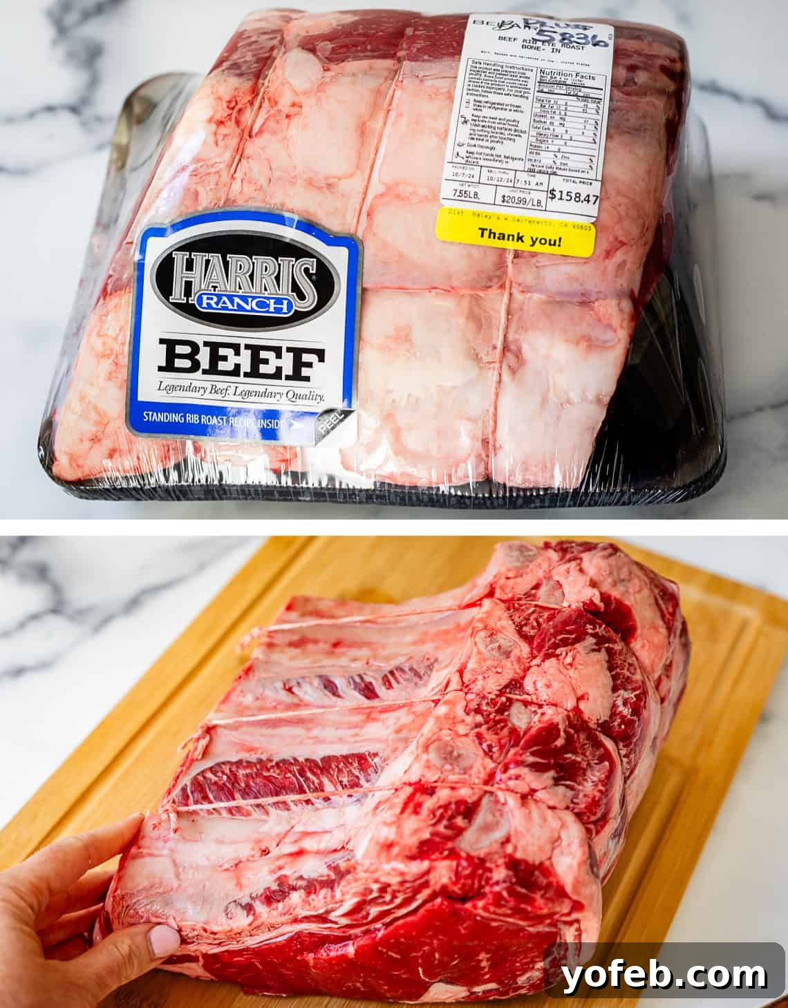 Wow Your Guests With This Perfect Prime Rib 12 Top image displays prime rib still in its store packaging. Bottom image shows the prime rib roast flipped upside down, revealing the bones expertly tied back onto the roast with kitchen twine, ready for preparation.