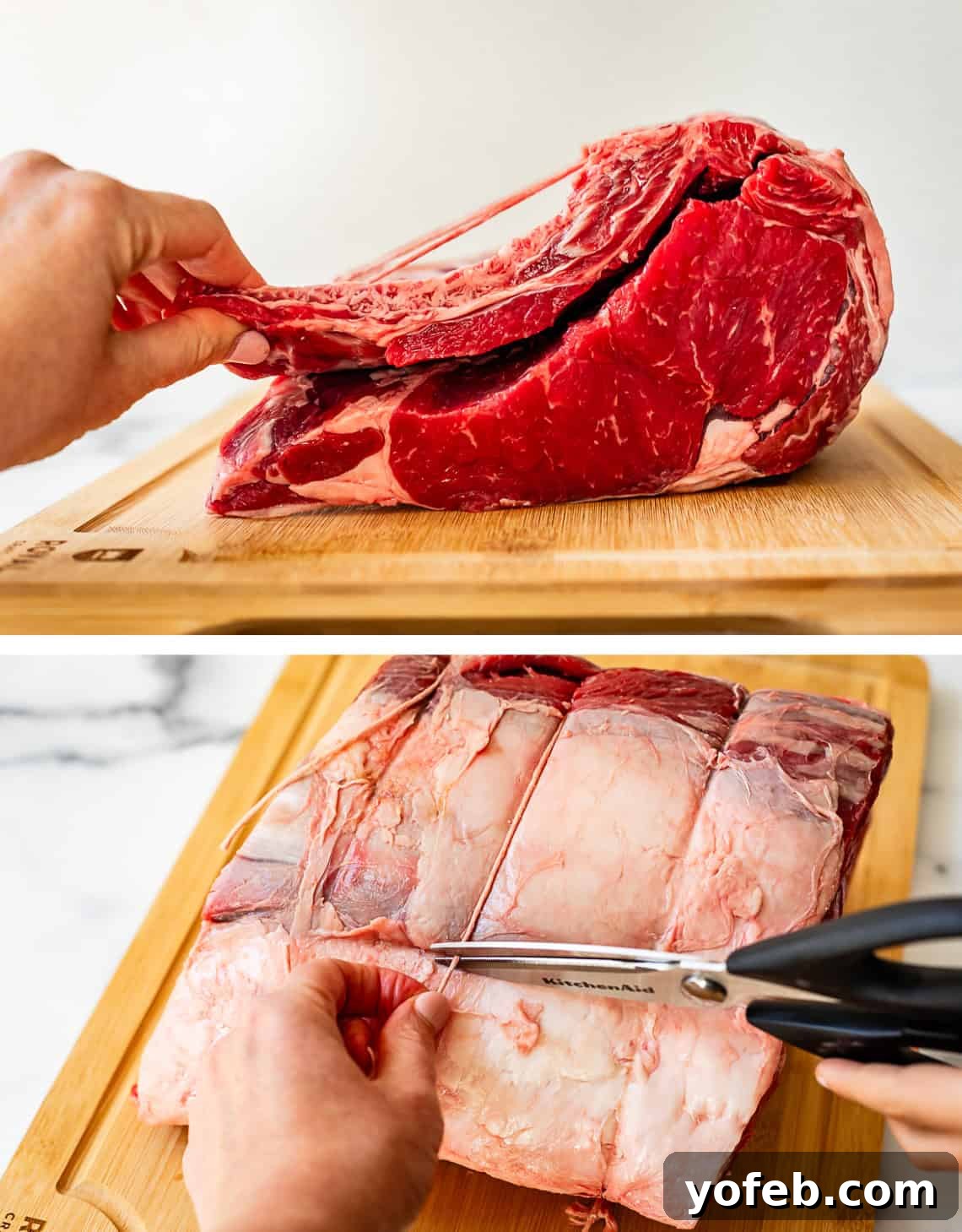 Wow Your Guests With This Perfect Prime Rib 13 Top image shows hands gently pulling already cut but tied ribs apart. Bottom image details the process of cutting the twine to fully separate the ribs from the roast.