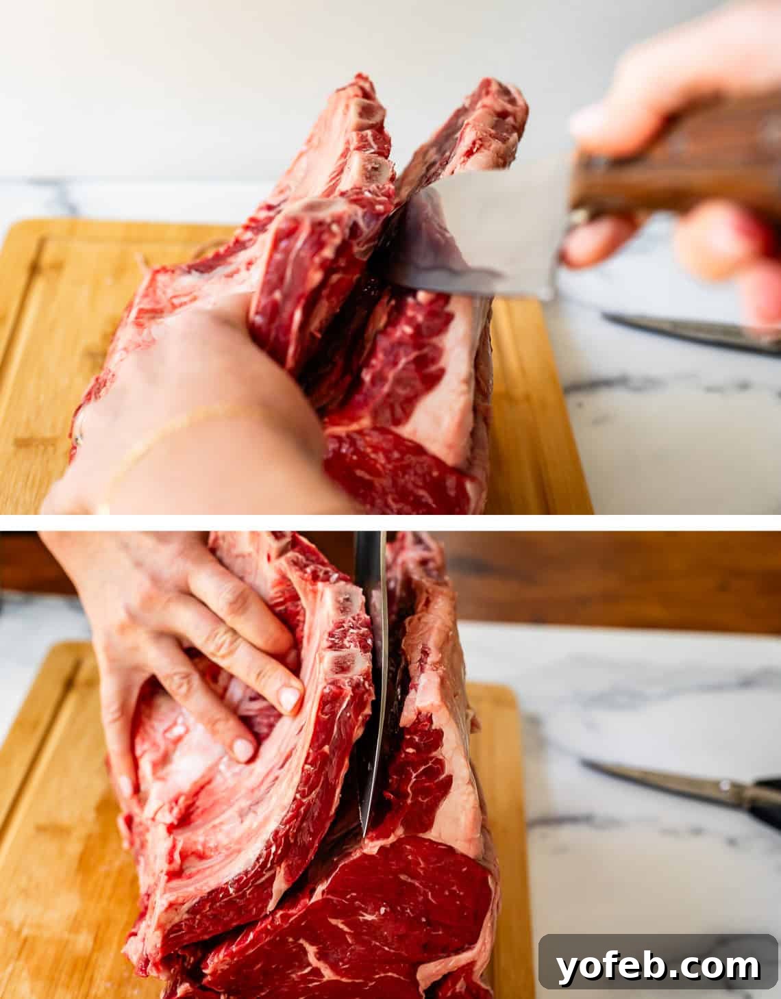 Wow Your Guests With This Perfect Prime Rib 14 Top image depicts one hand firmly holding the prime rib bones while the other uses a sharp knife to precisely separate the bones from the meat. The bottom image shows a clear crosshatch pattern meticulously cut into the fat cap of the roast.