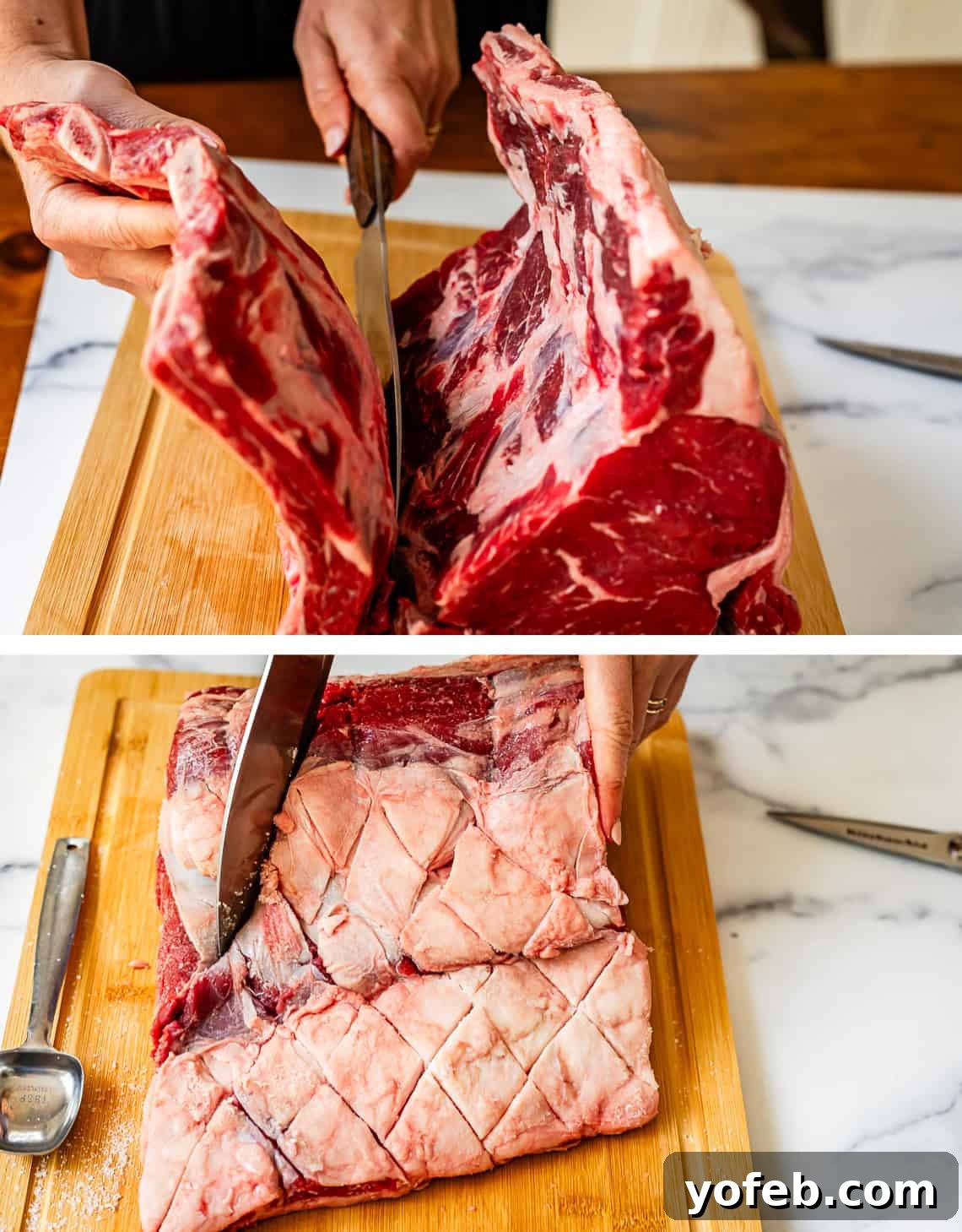Wow Your Guests With This Perfect Prime Rib 15 Top image shows a hand gently pulling the separated bones away from the prime rib meat. The bottom image highlights a meticulously carved crosshatch pattern deeply cut into the fat cap of the roast.