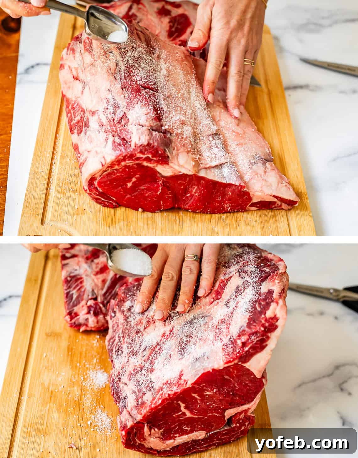 Wow Your Guests With This Perfect Prime Rib 16 Top and bottom images show hands meticulously rubbing generous amounts of kosher salt into all surfaces of the prime rib, ensuring every crevice and the scored fat cap are thoroughly seasoned.