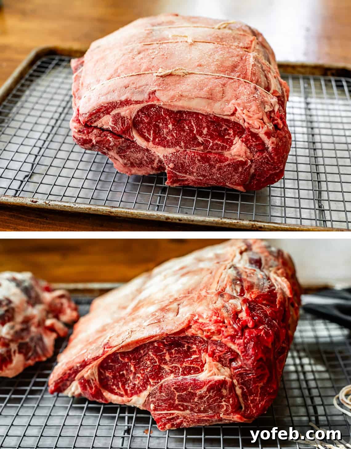 Wow Your Guests With This Perfect Prime Rib 17 Top and bottom images showcase a prime rib roast, after generous salting, resting elevated on a cooling rack over a baking sheet, ready for its overnight chill in the refrigerator.