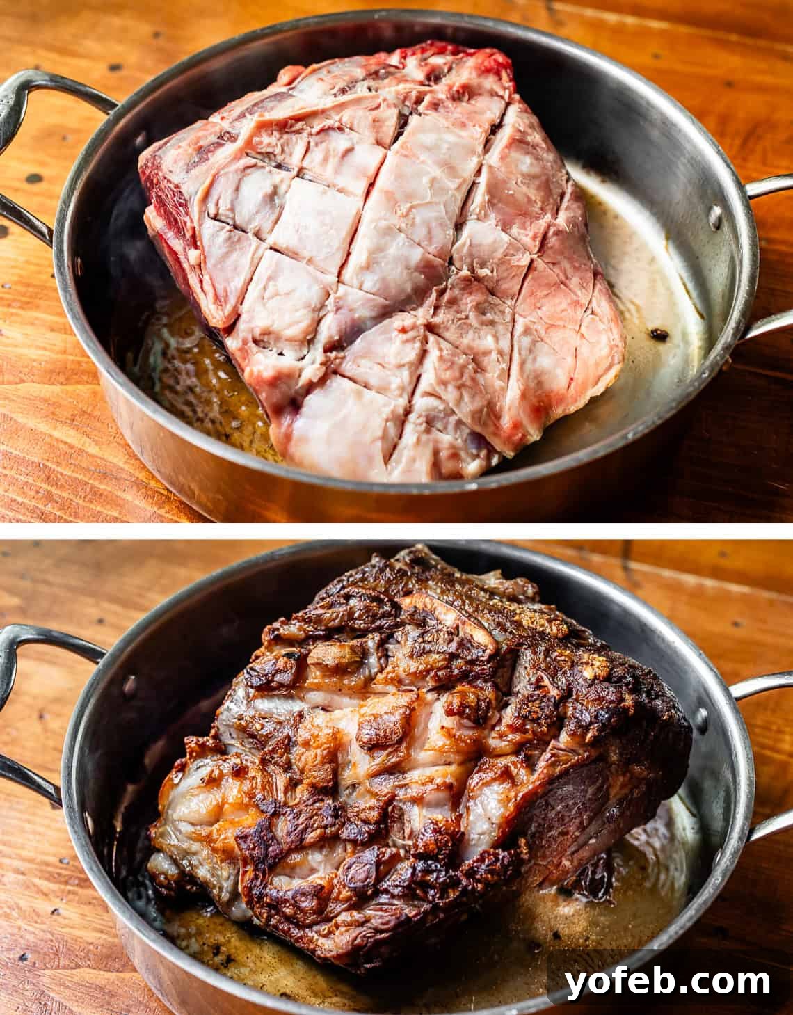 Wow Your Guests With This Perfect Prime Rib 18 Top image shows the prime rib searing in a hot skillet, with its distinct crosshatch fat cap prominently displayed. Bottom image reveals a perfectly seared side of the roast, boasting a rich, golden-brown crust.