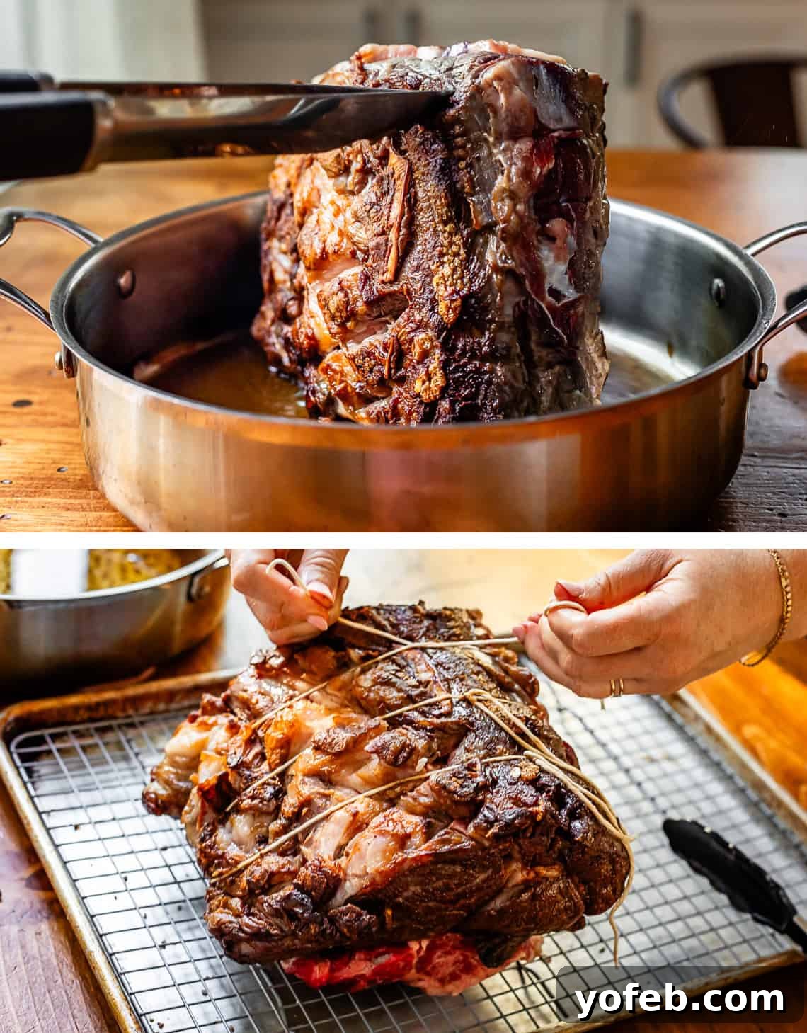 Wow Your Guests With This Perfect Prime Rib 19 Top image shows a knife being used to assist in searing the roast's side, while the bottom image captures hands expertly tying kitchen twine around the roast and its bones.