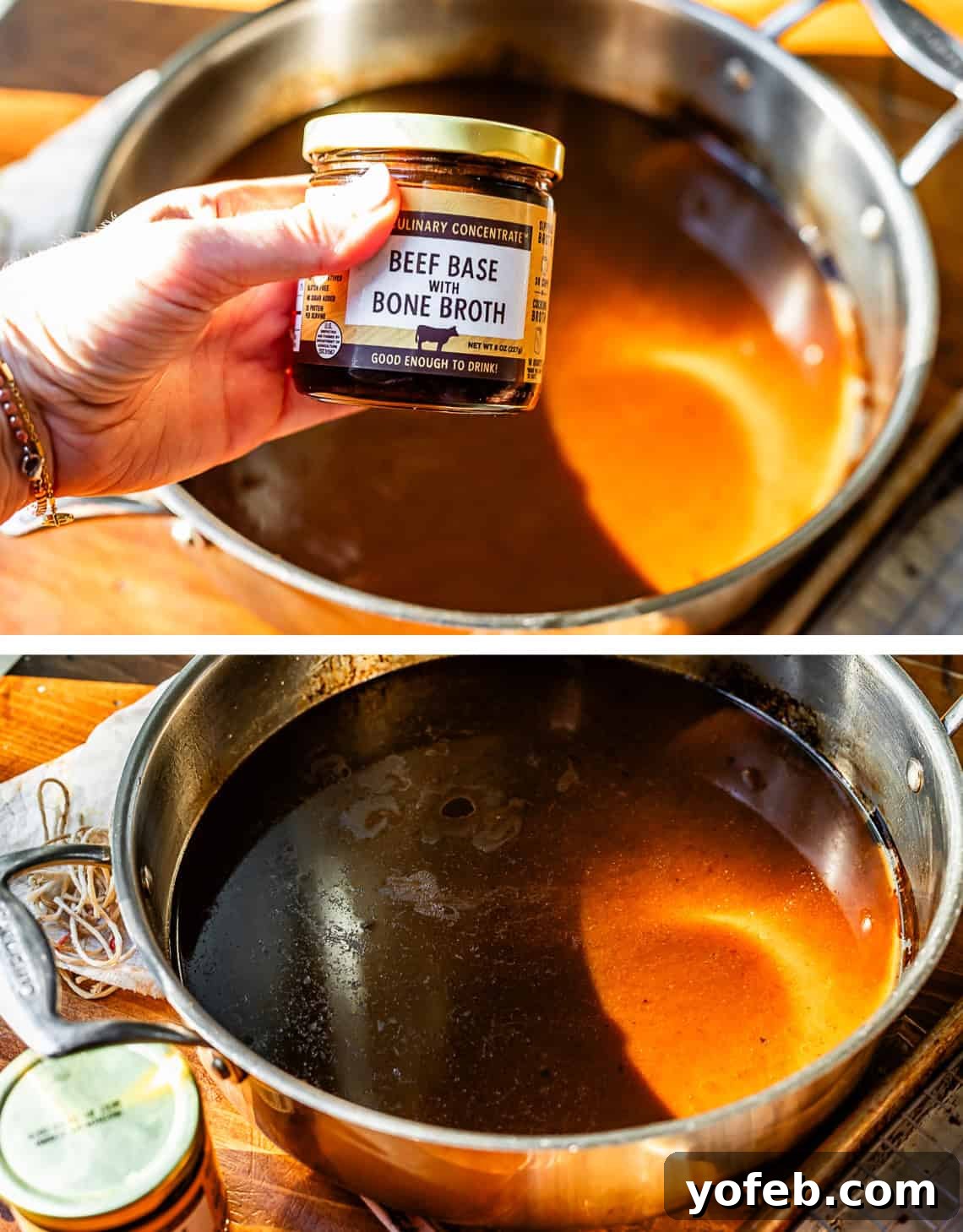 Wow Your Guests With This Perfect Prime Rib 20 Top image shows a hand adding a spoonful of beef base from a jar into a pot. Bottom image displays the beef base fully stirred into the liquid, forming a rich, simmering broth.