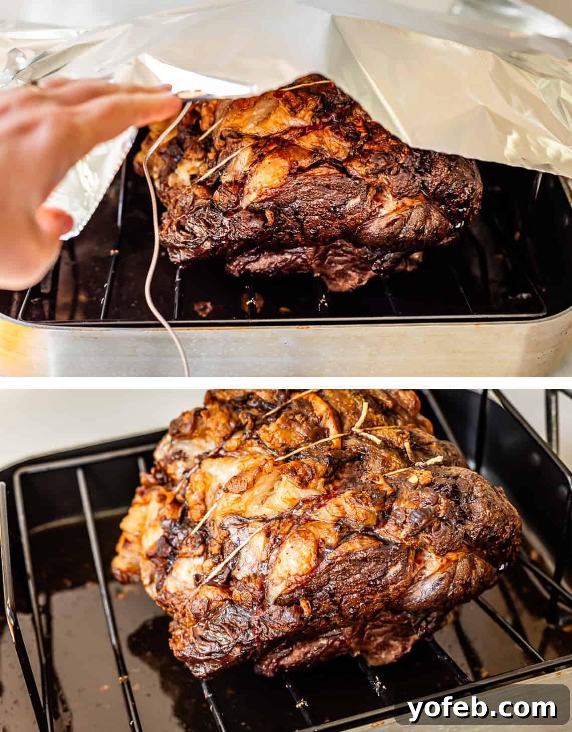 Wow Your Guests With This Perfect Prime Rib 23 Top image shows the prime rib roast gently tented with foil to rest. Bottom image displays the foil tent removed, with the roast resting calmly in its pan, allowing juices to redistribute.