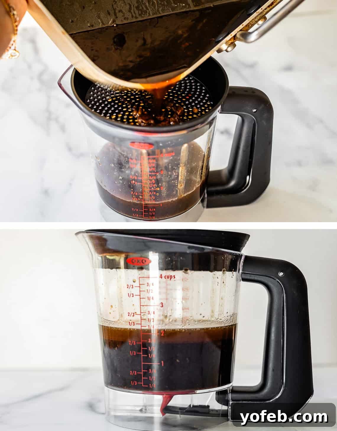 Wow Your Guests With This Perfect Prime Rib 24 Top image shows the pan juices being poured into a fat separator. Bottom image provides a side view, clearly illustrating the distinct layers of fat and flavorful broth separated within the container.