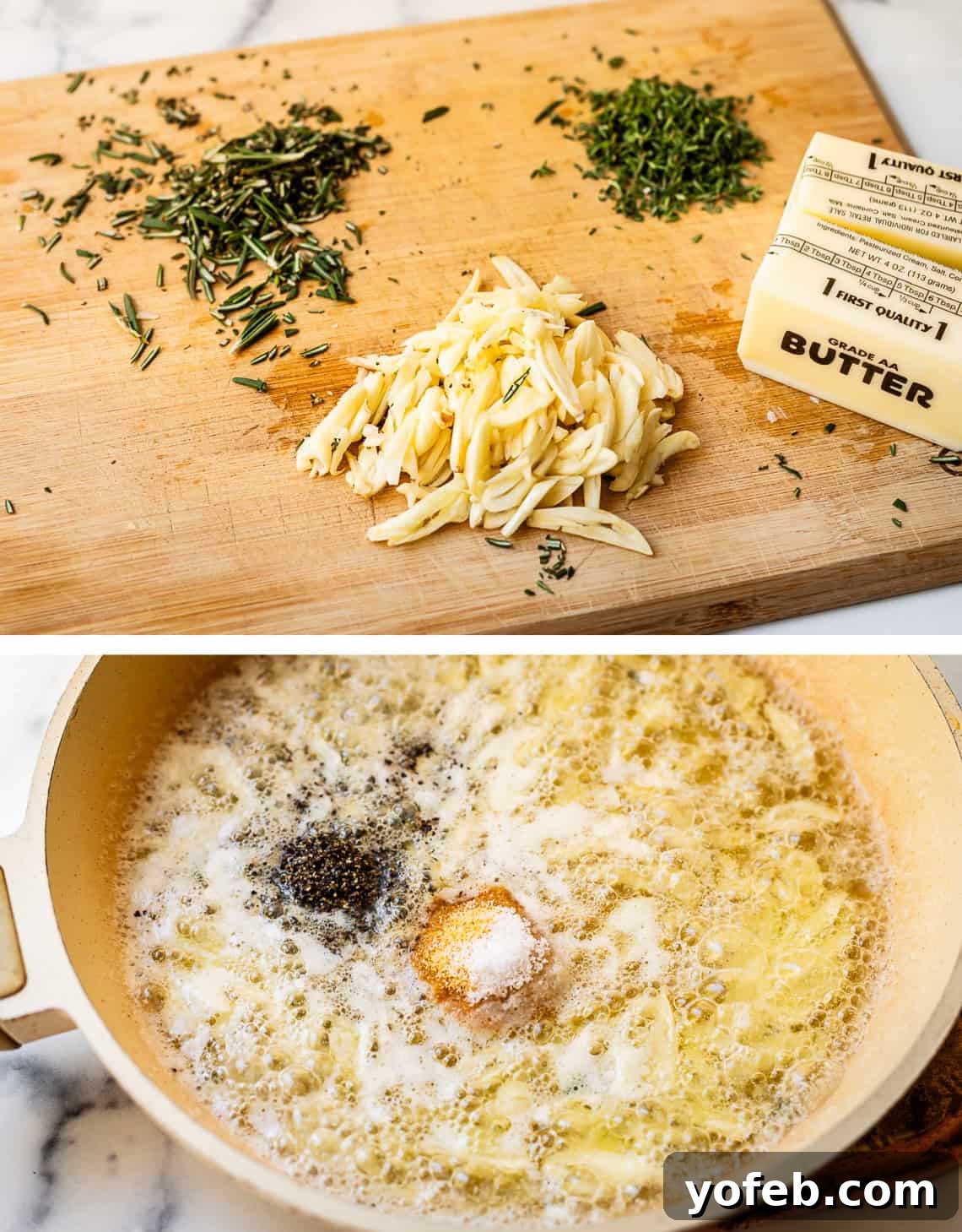 Wow Your Guests With This Perfect Prime Rib 26 Top image shows a vibrant assortment of fresh herbs and garlic cloves resting on a cutting board, ready for preparation. Bottom image displays butter, salt, and pepper melting gently in a pan, forming the base of a flavorful sauce.