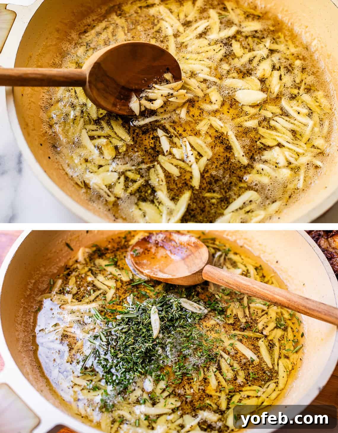 Wow Your Guests With This Perfect Prime Rib 27 Top image shows garlic being stirred into a bubbling butter sauce, infusing it with flavor. Bottom image captures fresh herbs being added to the fragrant sauce, enhancing its aroma and visual appeal.