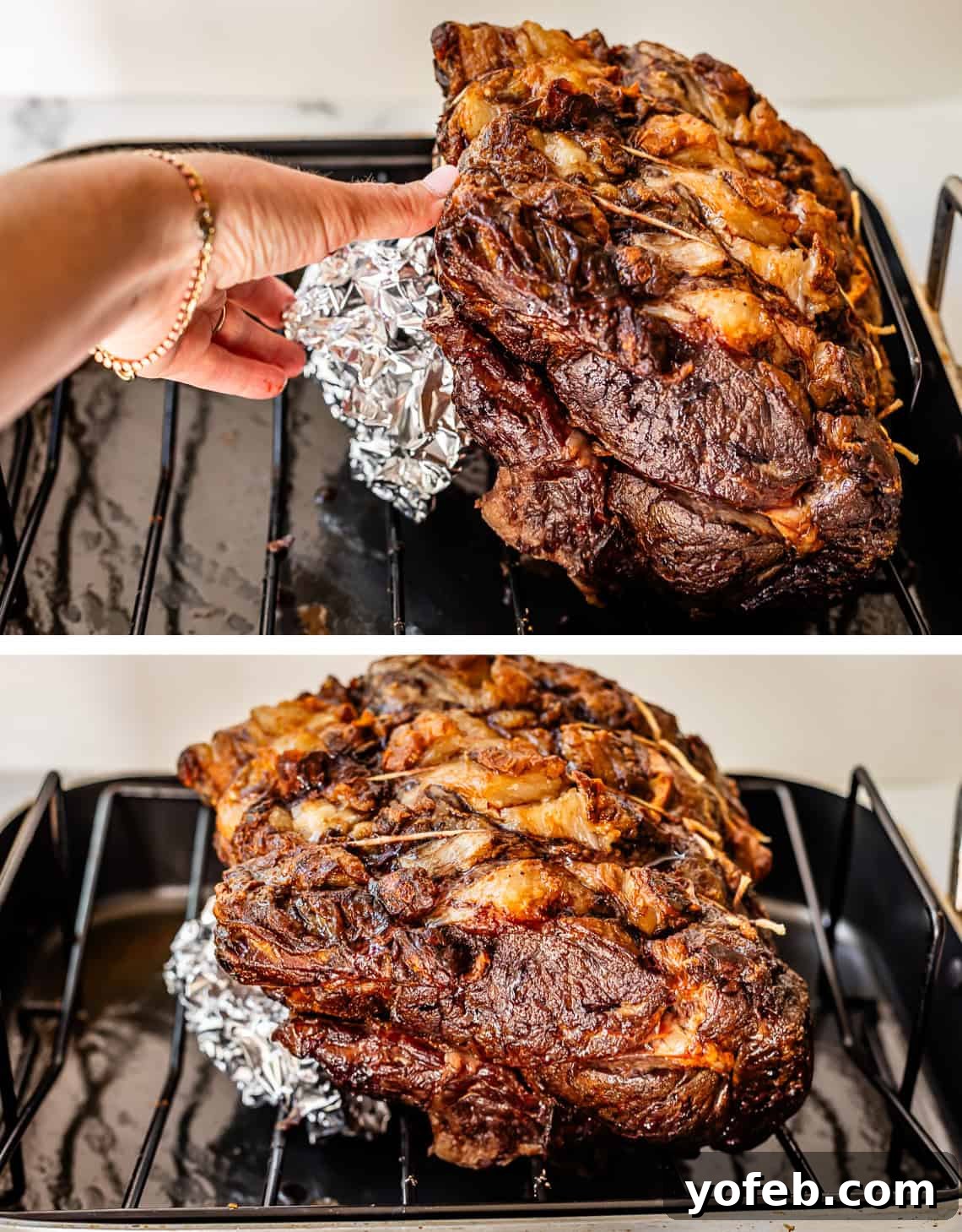Wow Your Guests With This Perfect Prime Rib 28 Top image shows a hand placing a crumpled foil ball strategically under the prime rib roast. Bottom image displays the roast resting securely on the foil ball, elevated and tilted for optimal broiling.