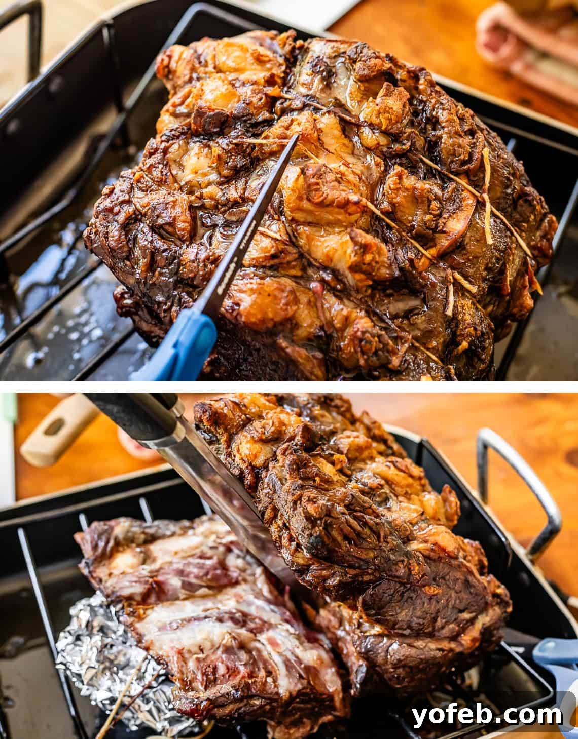 Wow Your Guests With This Perfect Prime Rib 29 Top image shows scissors cutting the kitchen twine from the prime rib roast. Bottom image depicts the roast being carefully lifted away from its rib bones, ready for carving.