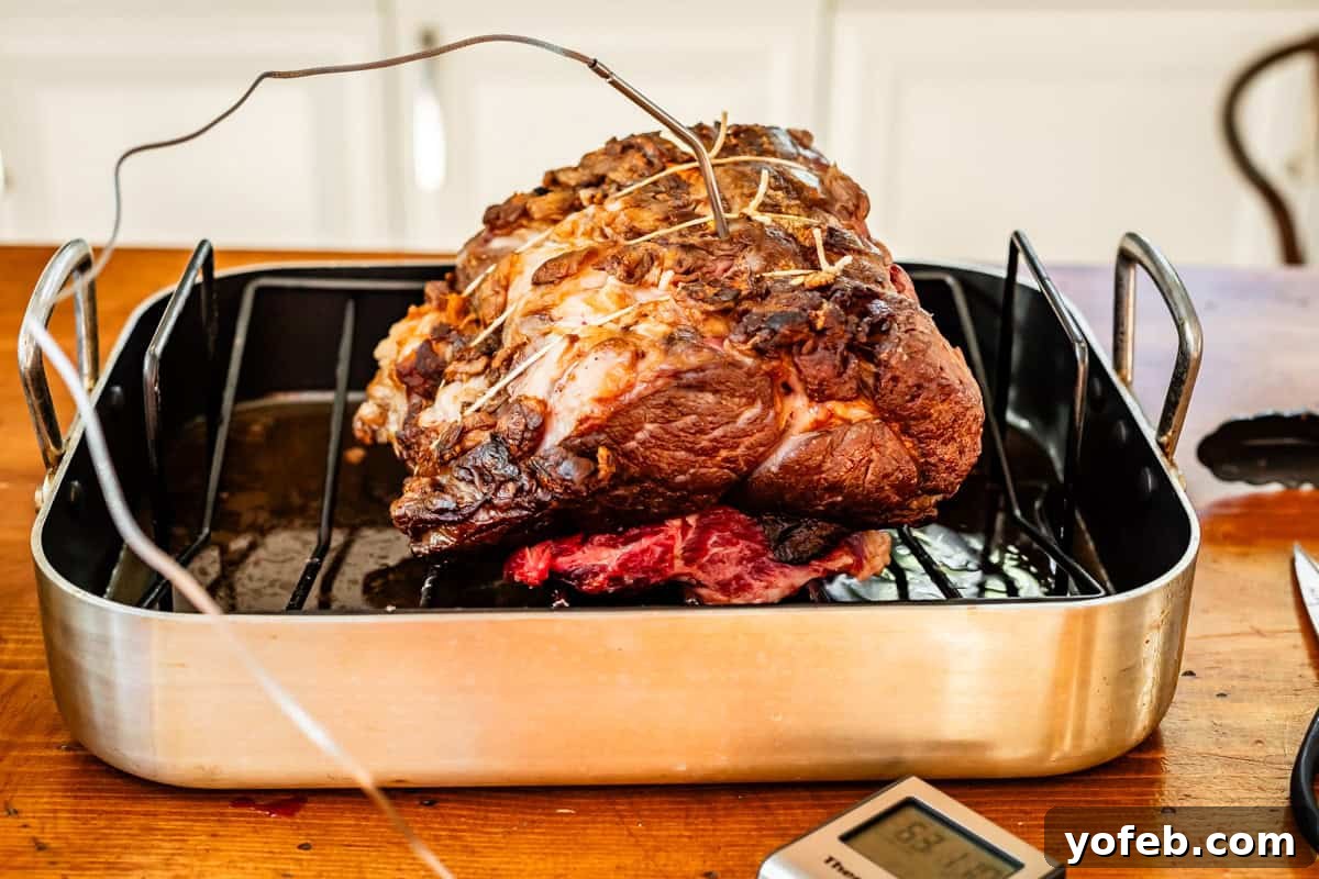 Wow Your Guests With This Perfect Prime Rib 10 A prime rib roast is shown nestled in a roasting pan, with a probe meat thermometer accurately inserted into its thickest part, monitoring the internal temperature during cooking.