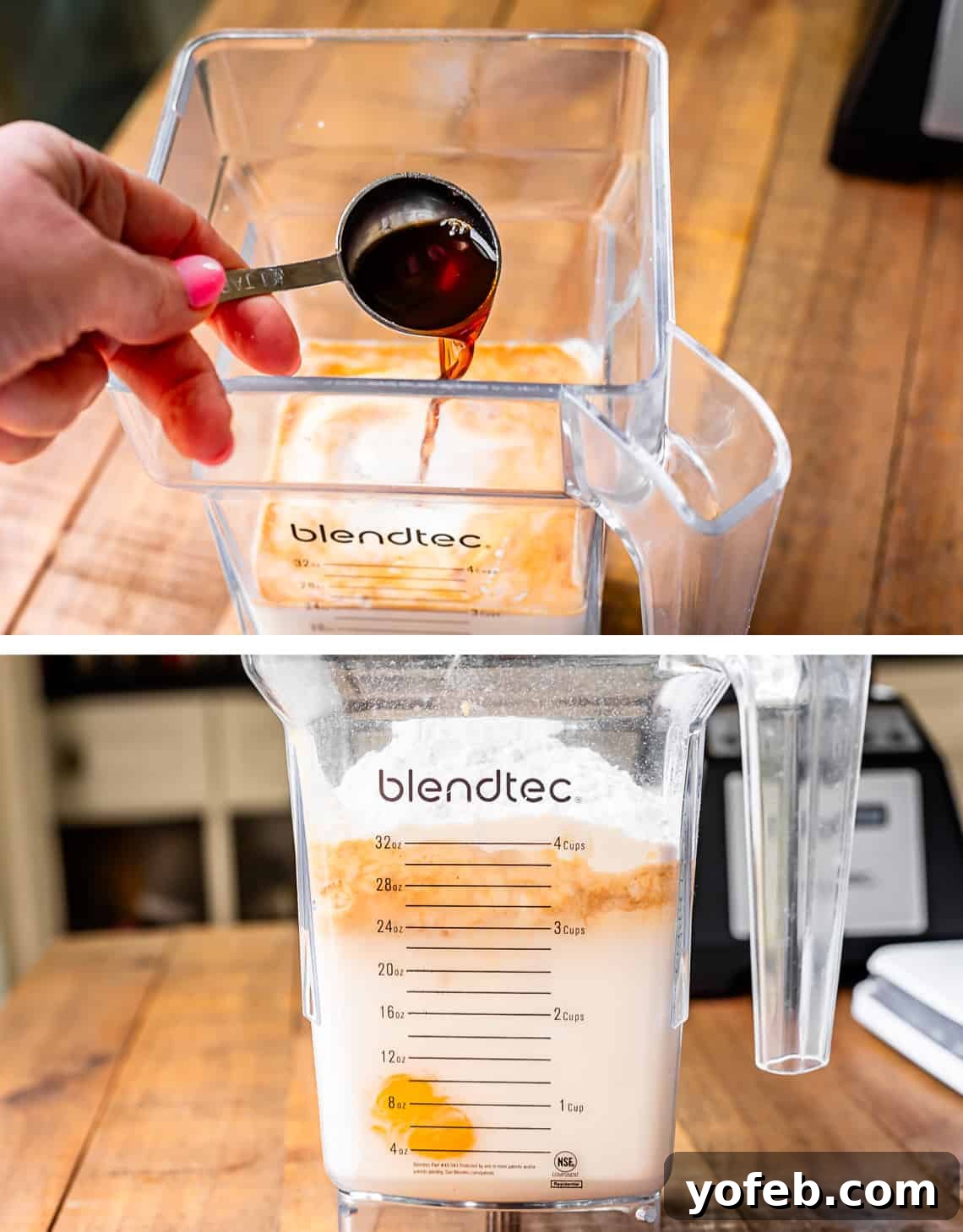 Absolutely The Best Crepes 11 Two images demonstrating the final steps of preparing crepe batter. The top image shows vanilla extract being poured into the blender with other ingredients. The bottom image shows the side view of the blender after all ingredients are combined and blended, showcasing a smooth, ready-to-use batter.
