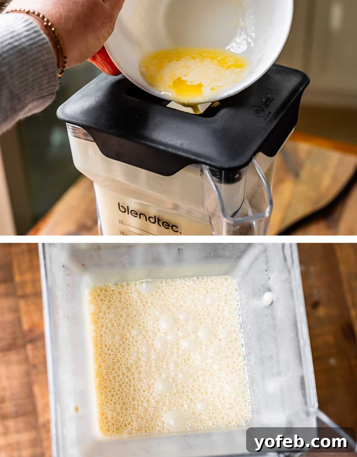Absolutely The Best Crepes 12 Two images illustrating the blending and butter incorporation steps for crepe batter. The top image shows melted butter being carefully added to the blender through its top spout while it's running on low speed. The bottom image displays the blender with the lid off, revealing a perfectly blended, smooth, and ready-to-cook crepe batter.