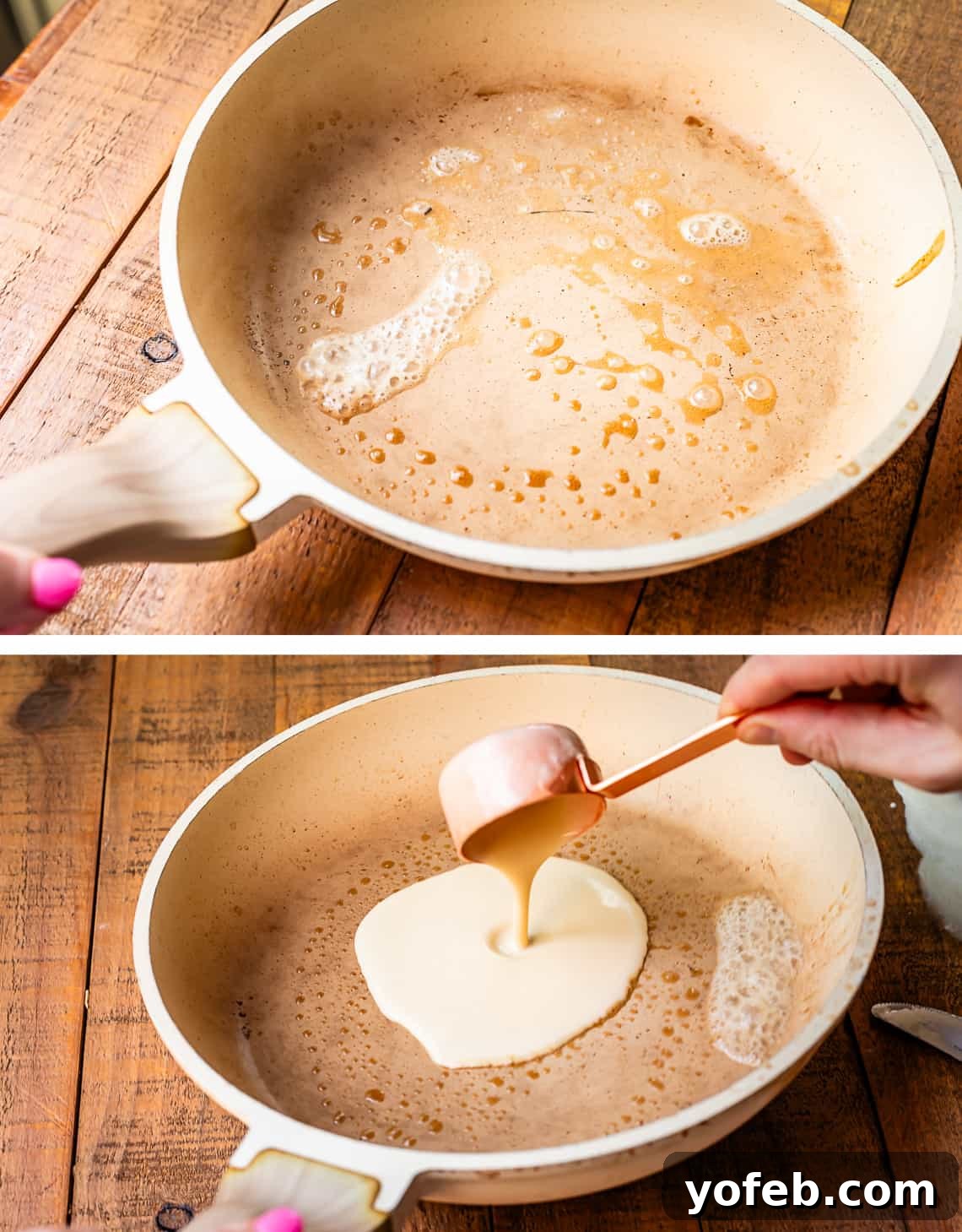 Absolutely The Best Crepes 14 A two-part image showing the initial cooking steps for crepes. The top image captures butter browning in a white frying pan over heat. The bottom image shows crepe batter being poured into the hot, butter-coated pan.