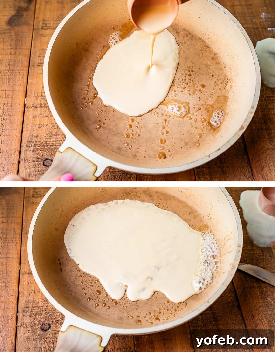 Absolutely The Best Crepes 15 A two-part image illustrating the crepe pouring technique. The top image shows batter being poured into a butter-coated frying pan. The bottom image shows the pan being expertly swirled to spread the batter evenly.