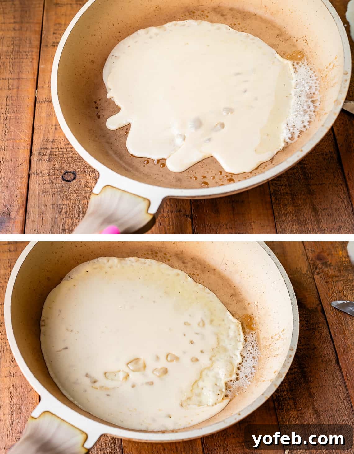 Absolutely The Best Crepes 16 An image sequence showing the technique of spreading crepe batter in a white frying pan by tilting the pan. The batter is seen thinly coating the bottom, aiming for an even, circular shape.