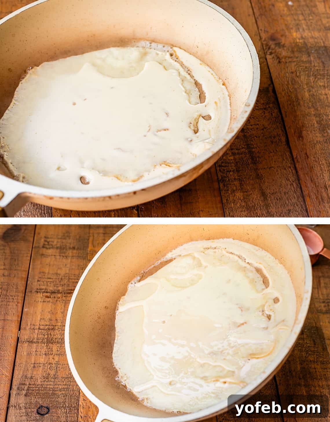 Absolutely The Best Crepes 17 A series of images demonstrating the critical tilting technique to spread crepe batter thinly across a white frying pan, illustrating the process of achieving a perfectly even and delicate crepe base.